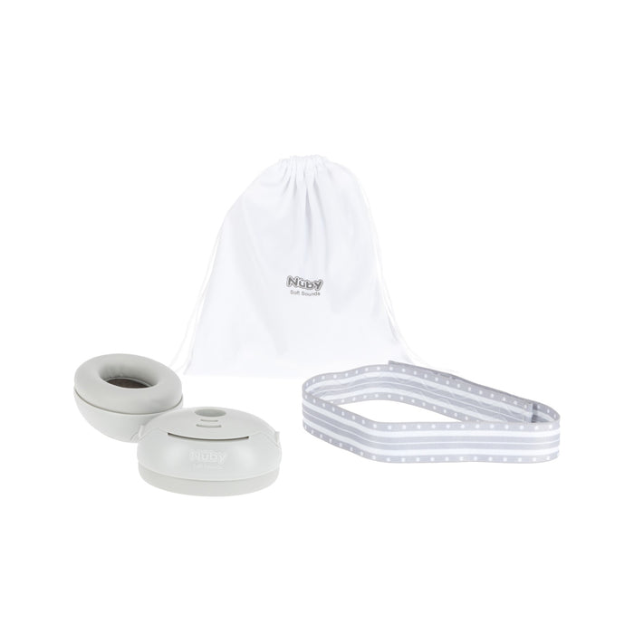 The Soft Sounds Baby Earmuffs | Grey feature an adjustable headband for comfort, a portable design in white with two detachable parts, and include a gray and white polka dot strap plus a white drawstring storage bag with the Nuby logo.