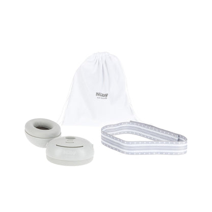 The Soft Sounds Baby Earmuffs | Grey feature an adjustable headband for comfort, a portable design in white with two detachable parts, and include a gray and white polka dot strap plus a white drawstring storage bag with the Nuby logo.