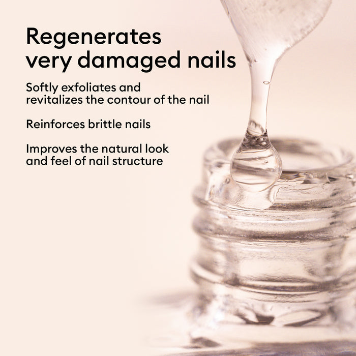 Close-up of S.O.S. Nail Strengthener by Manucurist being dispensed into an open bottle. Text reads: Regenerates very damaged nails, exfoliates, reinforces, and improves appearance—ideal for brittle nails.