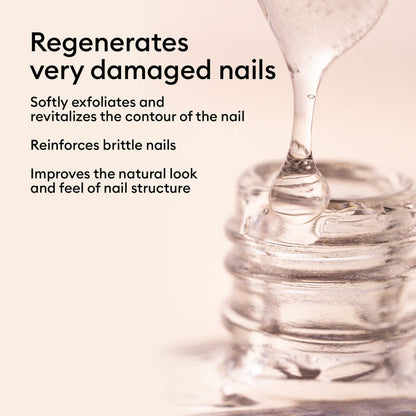 Close-up of S.O.S. Nail Strengthener by Manucurist being dispensed into an open bottle. Text reads: Regenerates very damaged nails, exfoliates, reinforces, and improves appearance—ideal for brittle nails.