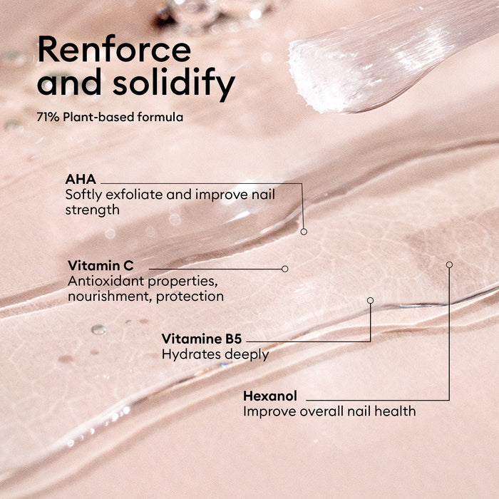 A close-up shows Manucurist S.O.S. Nail Strengthener applied on a leaf-textured background. Text highlights key ingredients—AHA, Vitamin C, B5, and Hexanol—for repairing brittle nails and boosting nail strength.