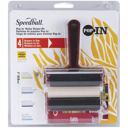 Speedball - Pop-In 4" Roller Brayer Kit - Foam, Rubber, Hard Rubber & Acrylic. Brayers are great for printmaking, scrapbooking, paper crafts, home decor, and much more! This 4in brayer kit comes with four rollers that are easy and quick to interchange. Available at Embellish Away located in Bowmanville Ontario Canada.