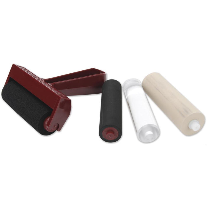 Speedball - Pop-In 4" Roller Brayer Kit - Foam, Rubber, Hard Rubber & Acrylic. Brayers are great for printmaking, scrapbooking, paper crafts, home decor, and much more! This 4in brayer kit comes with four rollers that are easy and quick to interchange. Available at Embellish Away located in Bowmanville Ontario Canada.