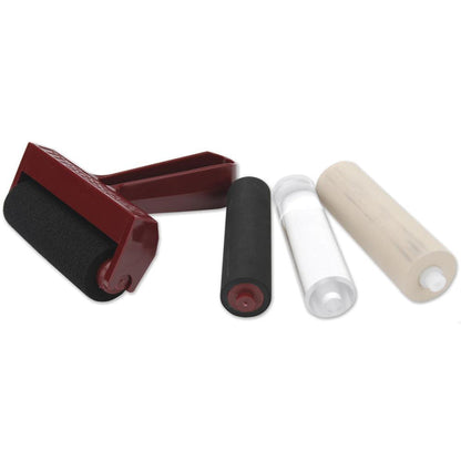 Speedball - Pop-In 4" Roller Brayer Kit - Foam, Rubber, Hard Rubber & Acrylic. Brayers are great for printmaking, scrapbooking, paper crafts, home decor, and much more! This 4in brayer kit comes with four rollers that are easy and quick to interchange. Available at Embellish Away located in Bowmanville Ontario Canada.
