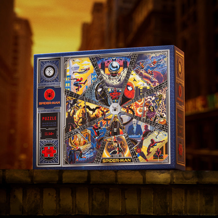 Discover the Spider-Man | 1,000 Piece Jigsaw Puzzle by theory11—featuring vibrant comic book art panels and iconic Spider-Man characters. Presented on a brick ledge with a striking cityscape backdrop, this puzzle offers an exciting challenge for fans of the Spider-Man trilogy and celebrates your favorite web-slinger in style.
