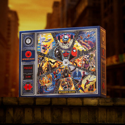 Discover the Spider-Man | 1,000 Piece Jigsaw Puzzle by theory11—featuring vibrant comic book art panels and iconic Spider-Man characters. Presented on a brick ledge with a striking cityscape backdrop, this puzzle offers an exciting challenge for fans of the Spider-Man trilogy and celebrates your favorite web-slinger in style.