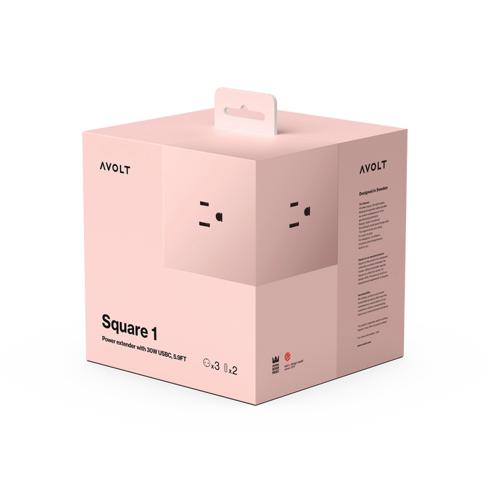 Square 1 extension cord retail box in blush pink with power outlets