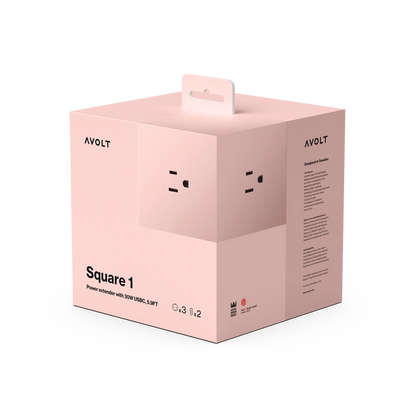 Square 1 extension cord retail box in blush pink with power outlets