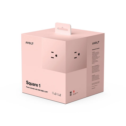 Square 1 extension cord retail box in blush pink with power outlets