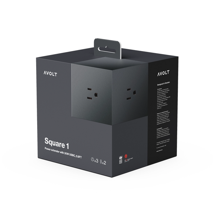 Square 1 extension cord retail box in dark gray with power outlets