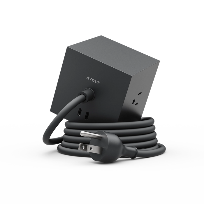 Square 1 extension cord set in black with 3-prong outlets and coiled cable