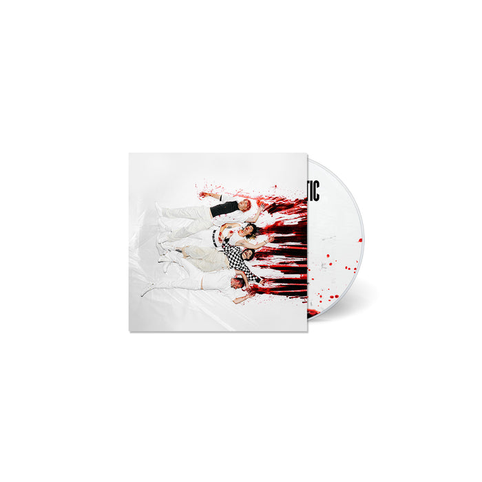 A CD case and disc by Stand Atlantic featuring five people in white on a red-splattered background. The partially pulled-out disc matches the red splatter theme, with the album tracklist visible inside.