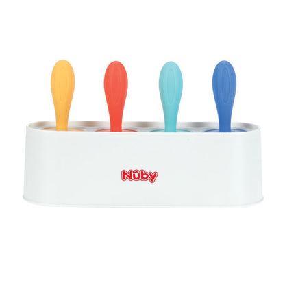 The Nuby Stick Pops Ice Pop Mold holds four molds with yellow, orange, teal, and blue handles—ideal for making treats for teething babies.