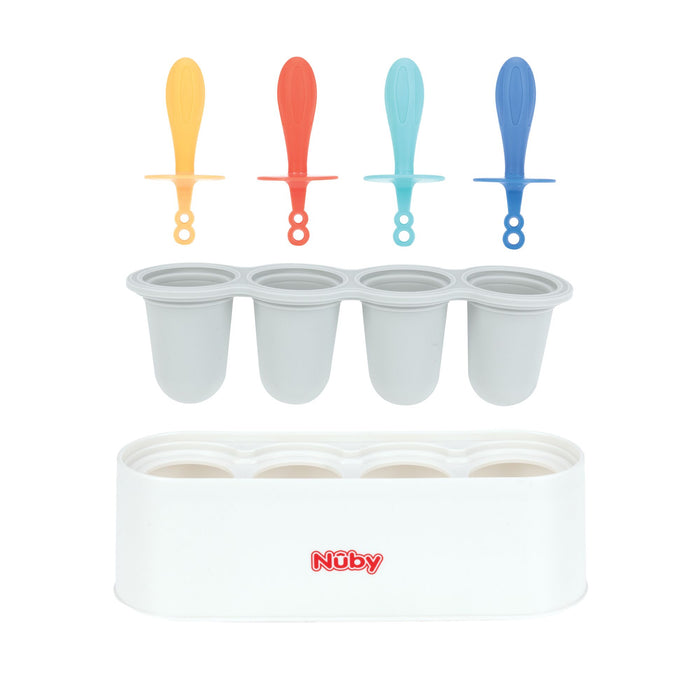 The Nuby Stick Pops Ice Pop Mold features four colorful popsicle handles and a gray tray with a white base, making it perfect for creating homemade popsicles for teething babies.