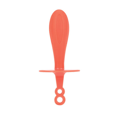 The Nuby Stick Pops Ice Pop Mold features a red silicone stick with an oval-shaped top, a flat guard, and a handle with two looped ends—ideal for creating frozen treats or soothing teething babies.