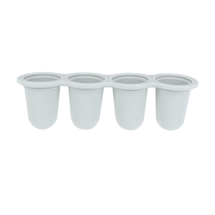 Four empty white Stick Pops Ice Pop Molds by Nuby are connected in a row, resembling yogurt containers, and are viewed from the side against a plain white background.