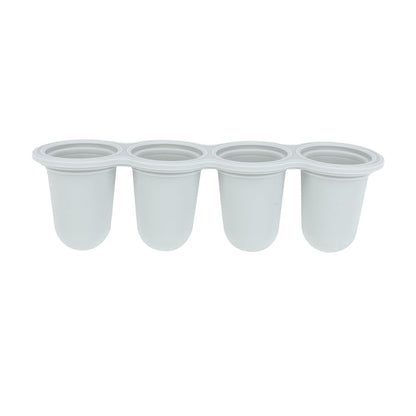 Four empty white Stick Pops Ice Pop Molds by Nuby are connected in a row, resembling yogurt containers, and are viewed from the side against a plain white background.