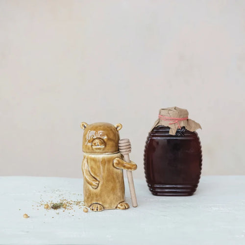 Stoneware Honey Bear Jar w/ Wood Honey Dipper