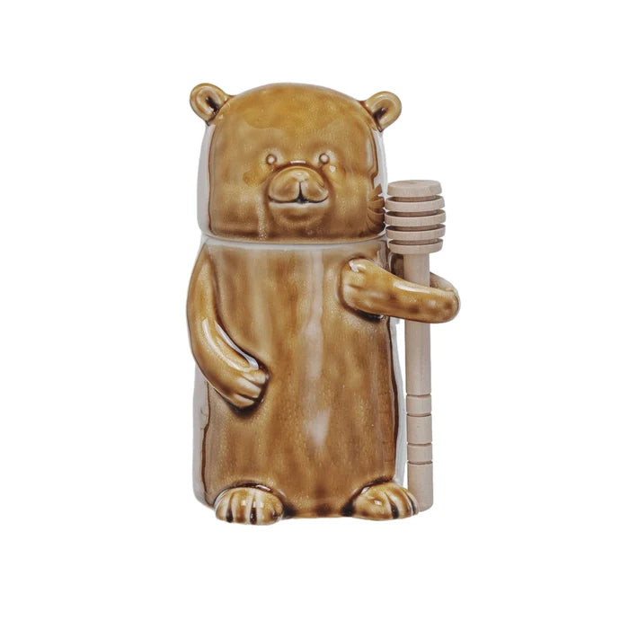 Stoneware Honey Bear Jar w/ Wood Honey Dipper