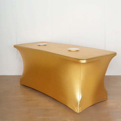 Gold table cover with two cutouts, perfect for events and parties.