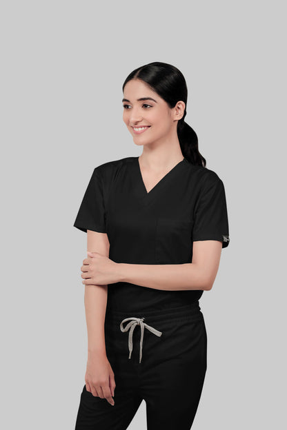 Stretchable (2Way) Women Black V-Neck Scrub Top