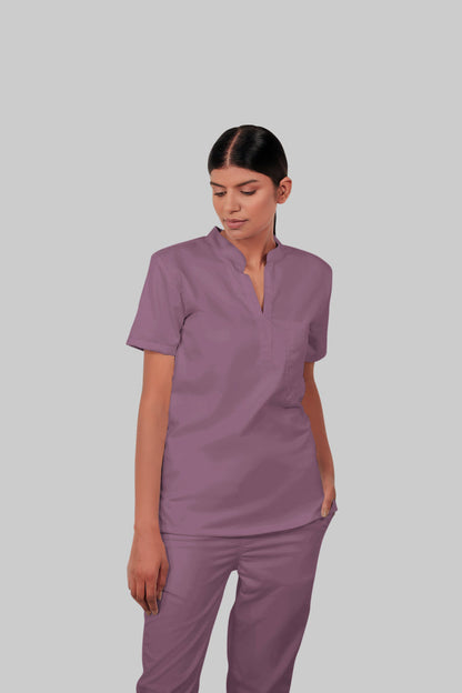 Stretchable (2Way) Women Lilac Mandarin Neck Scrub Top
