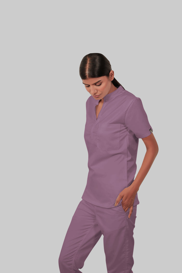 Stretchable (2Way) Women Lilac Mandarin Neck Scrub Top