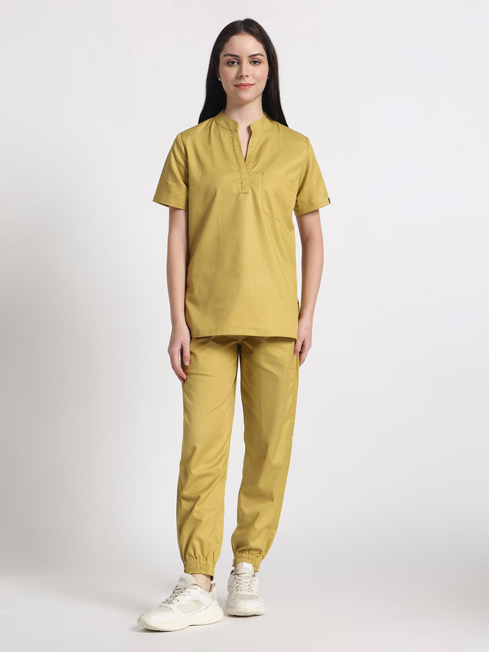 Stretchable (2Way) Women Mustard Mandarin Neck Scrub Top