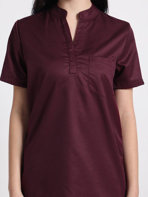 Stretchable (2Way) Women Wine Mandarin Neck Scrub Top