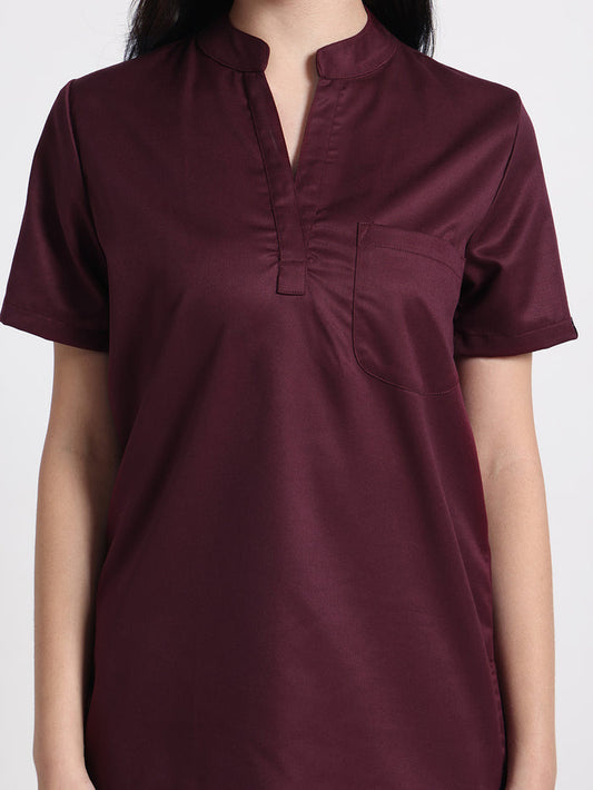 Stretchable (2Way) Women Wine Mandarin Neck Scrub Top