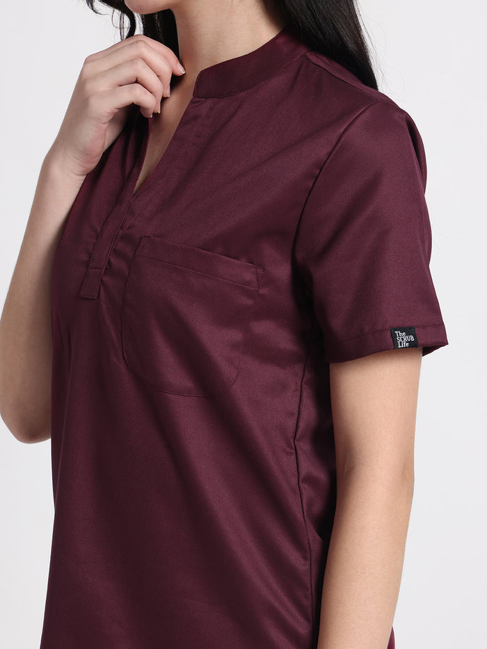 Stretchable (2Way) Women Wine Mandarin Neck Scrub Top