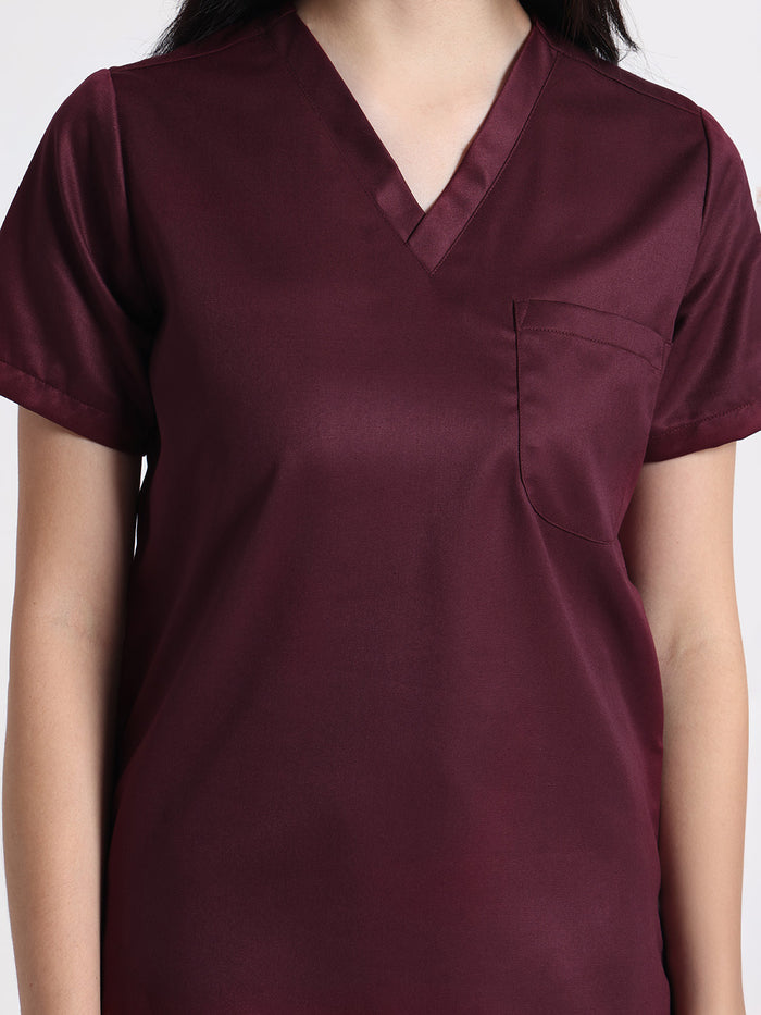 Stretchable (2Way) Women Wine V-Neck Scrub Scrub Top