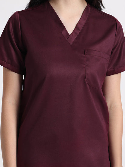 Stretchable (2Way) Women Wine V-Neck Scrub Scrub Top