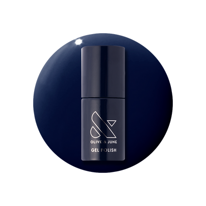 Suited - Gel bottle of deep navy gel polish with glossy finish by Olive and June for long-lasting manicure