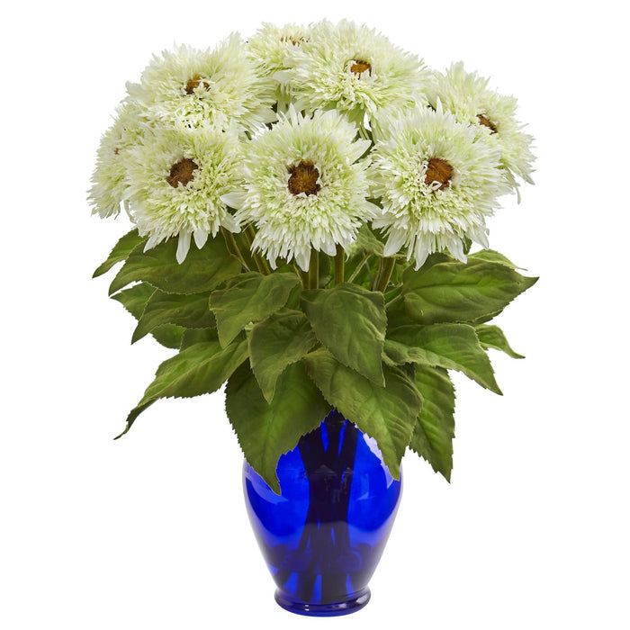 Sunflower Artificial Arrangement in Blue Vase