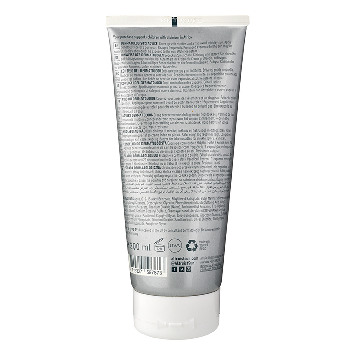 Back of Altruist sunscreen SPF30 200 ml