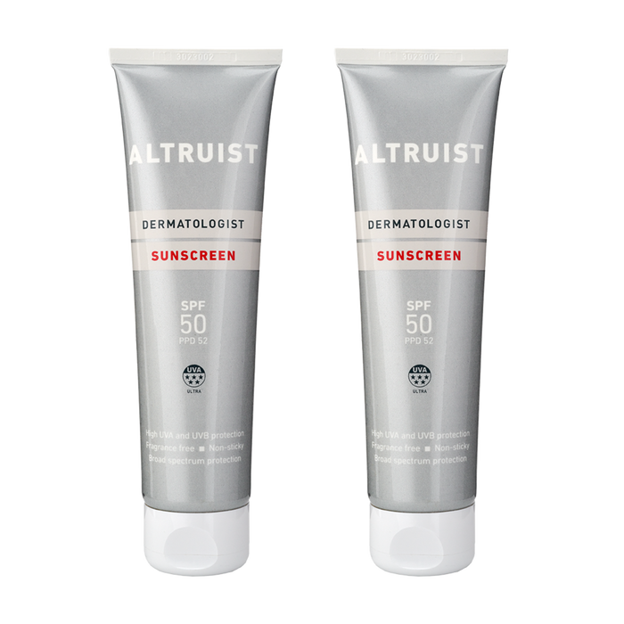 Two tubes of ALTRUIST sunscreen with SPF 50 protection, each labeled clearly with the brand and product information.