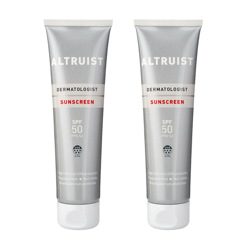 Two tubes of ALTRUIST sunscreen with SPF 50 protection, each labeled clearly with the brand and product information.