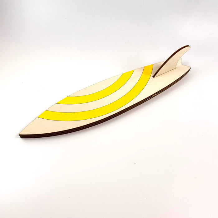 Surfboard Hooks - laser cut and laser engraved birch wood - yellow circular stripes - by LeeMo Designs in Bend, Oregon