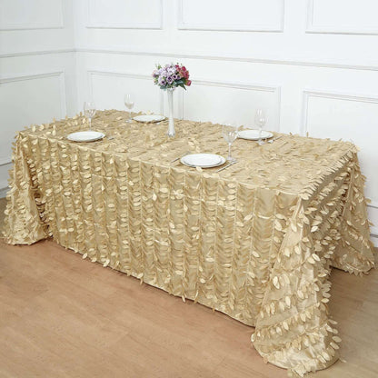 Elegant gold tablecloth with leaf design, perfect for event decor.