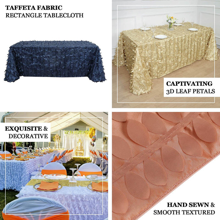 Taffeta fabric rectangle tablecloth in navy and gold with 3D leaf petal design.