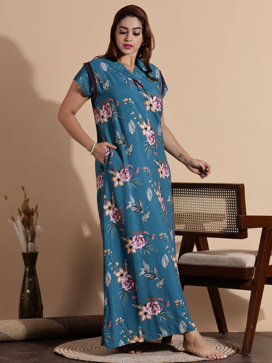 Teal Blue Rayon Maxi Nightdress