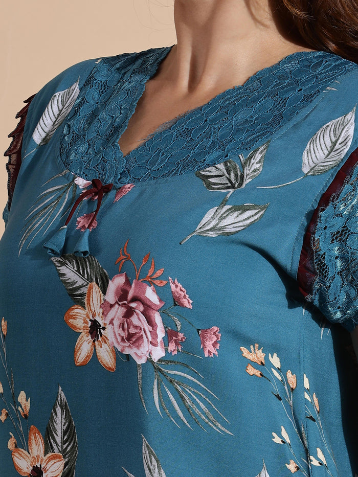 Teal Blue Rayon Maxi Nightdress