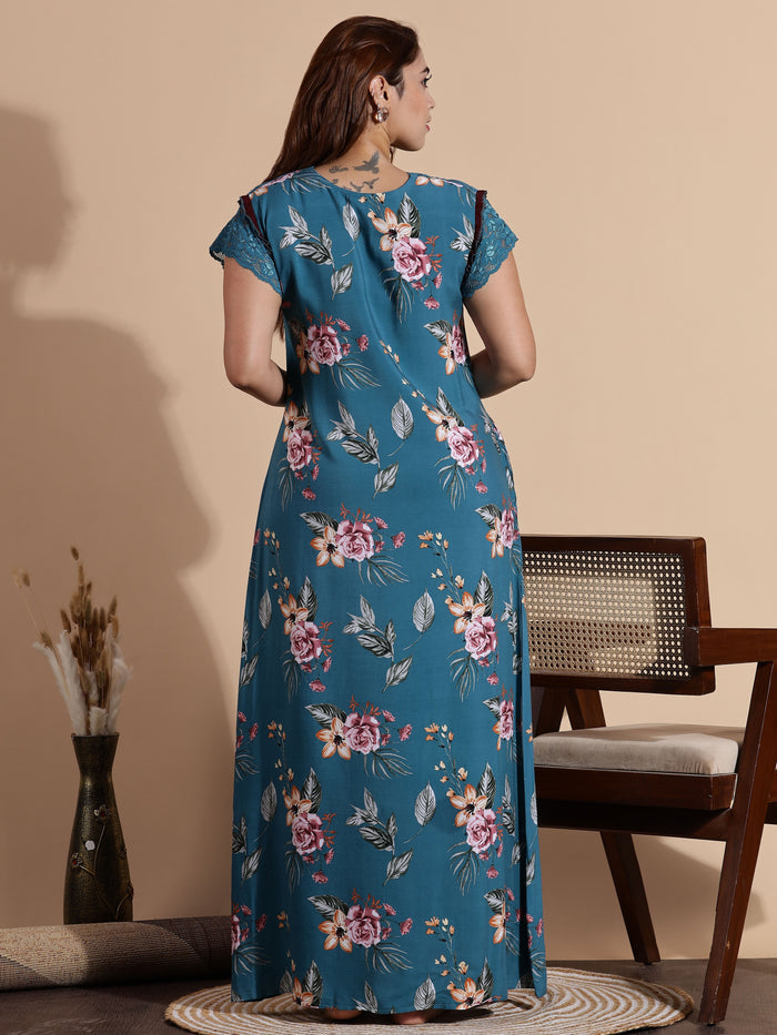 Teal Blue Rayon Maxi Nightdress