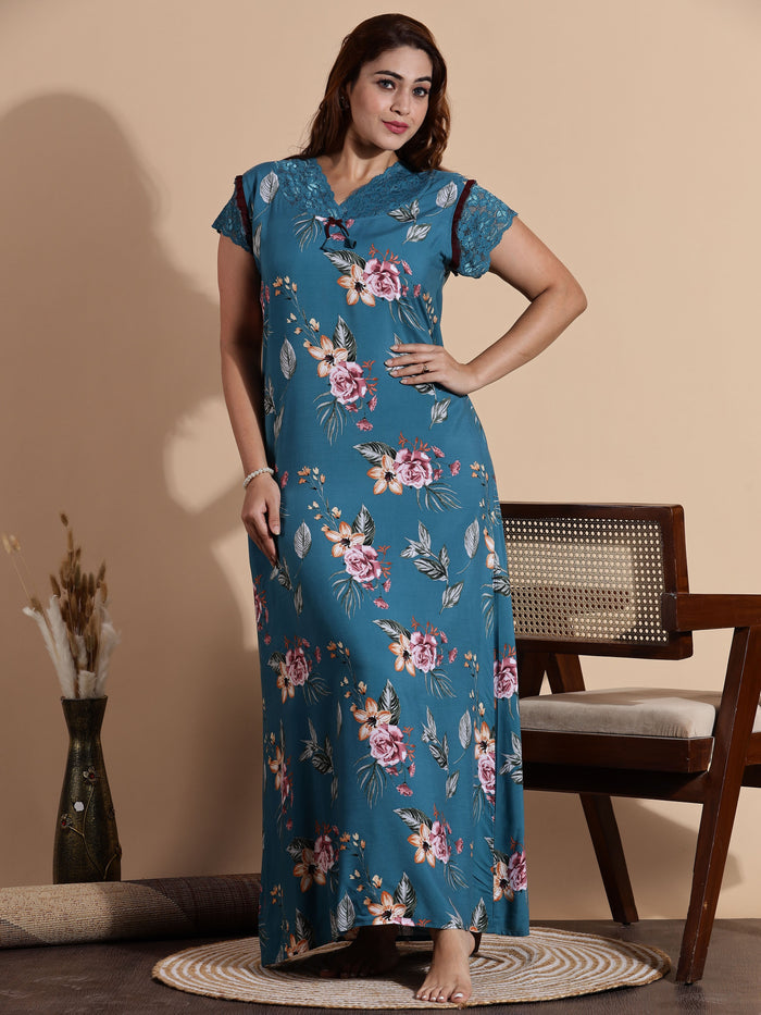 Teal Blue Rayon Maxi Nightdress