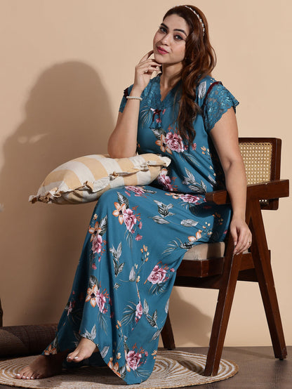 Teal Blue Rayon Maxi Nightdress