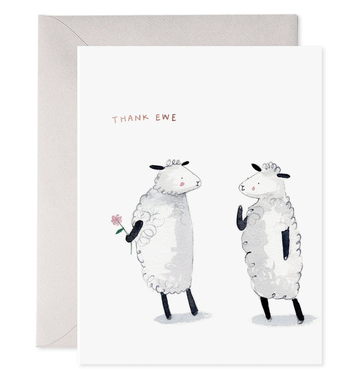 Greeting card with two cartoon sheep and 'Thank Ewe' text