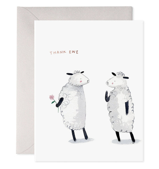 Greeting card with two cartoon sheep and 'Thank Ewe' text