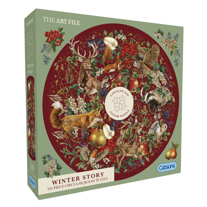 The Art File: Winter Story is a 500 piece circular jigsaw puzzle by Gibsons Games, featuring illustrated woodland creatures, berries, and foliage on a red background.