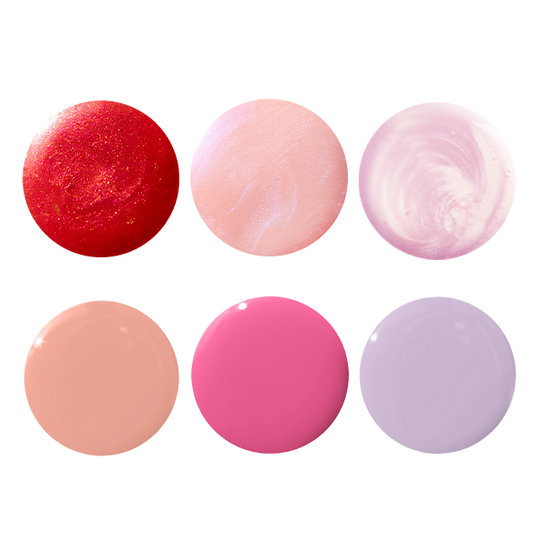The Best of Spring Gel System featuring six gel polish shades in red, pink, peach, and purple tones for at-home mani
